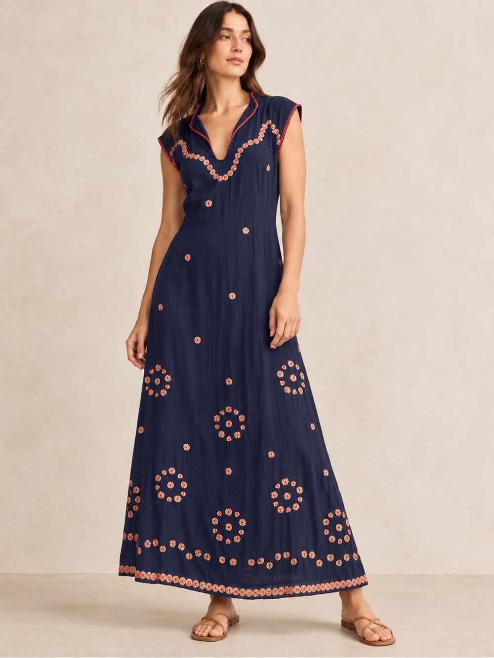 THE GREAT. The Beaded Corridor Dress Navy Embroidered Maxi Size 0 XS